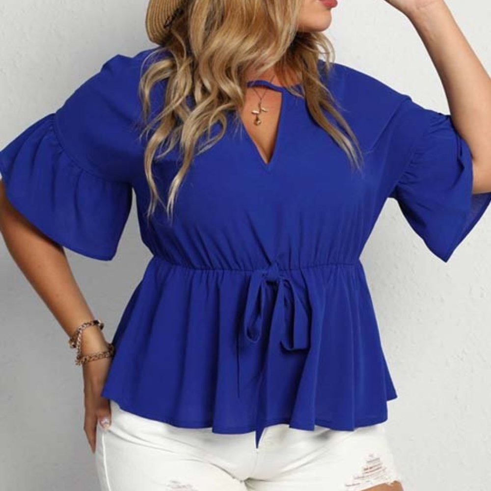 Blue Tie-Front Keyhole Top - Size 1X